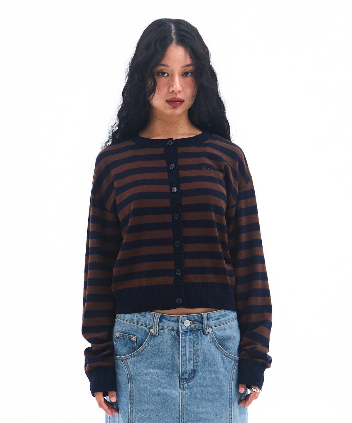 아메스 월드와이드(AMES-WORLDWIDE) STRIPE ROUND NECK CARDIGAN BROWN