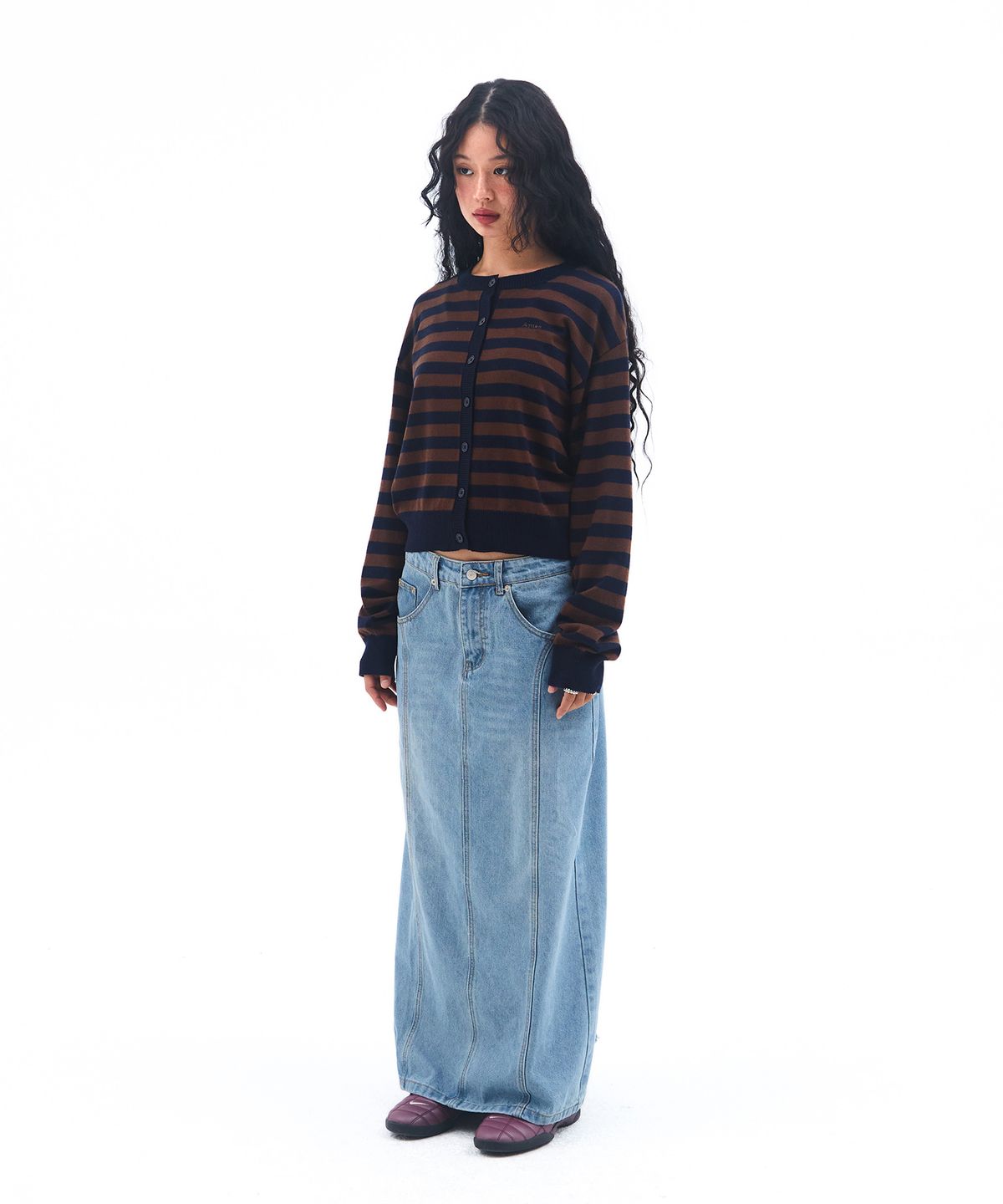 아메스 월드와이드(AMES-WORLDWIDE) STRIPE ROUND NECK CARDIGAN BROWN