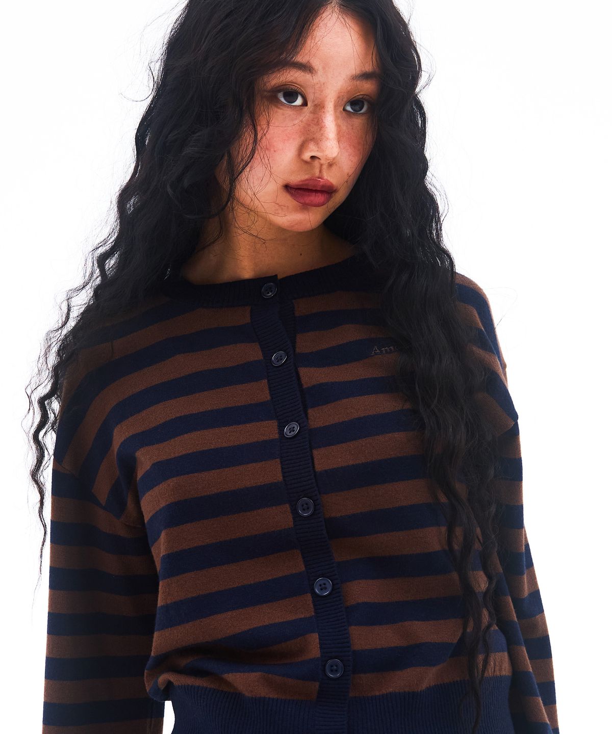 아메스 월드와이드(AMES-WORLDWIDE) STRIPE ROUND NECK CARDIGAN BROWN
