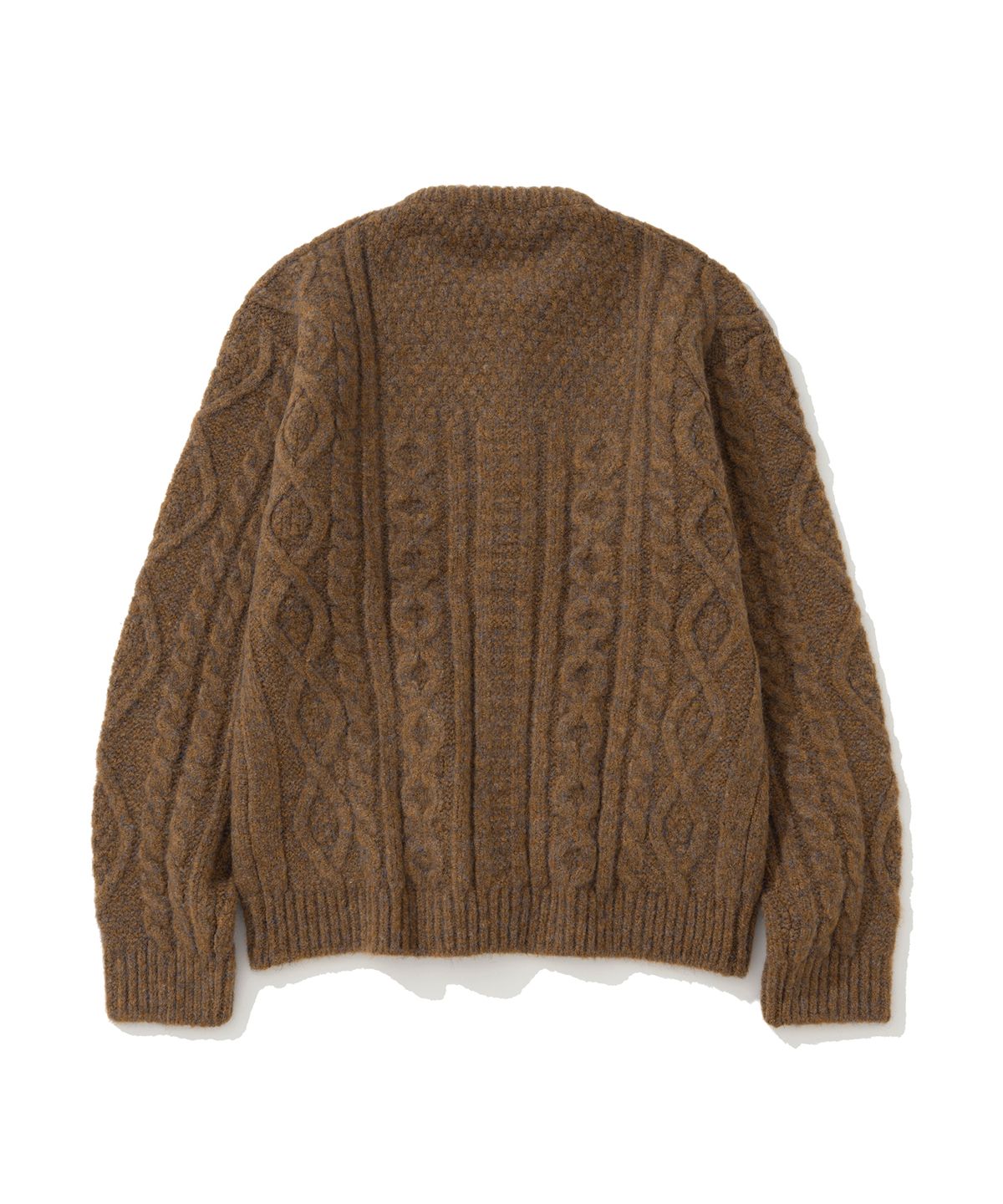 니티드(KNITTED) (UNISEX)볼드 케이블 라운드 니트 가디건 CAMEL