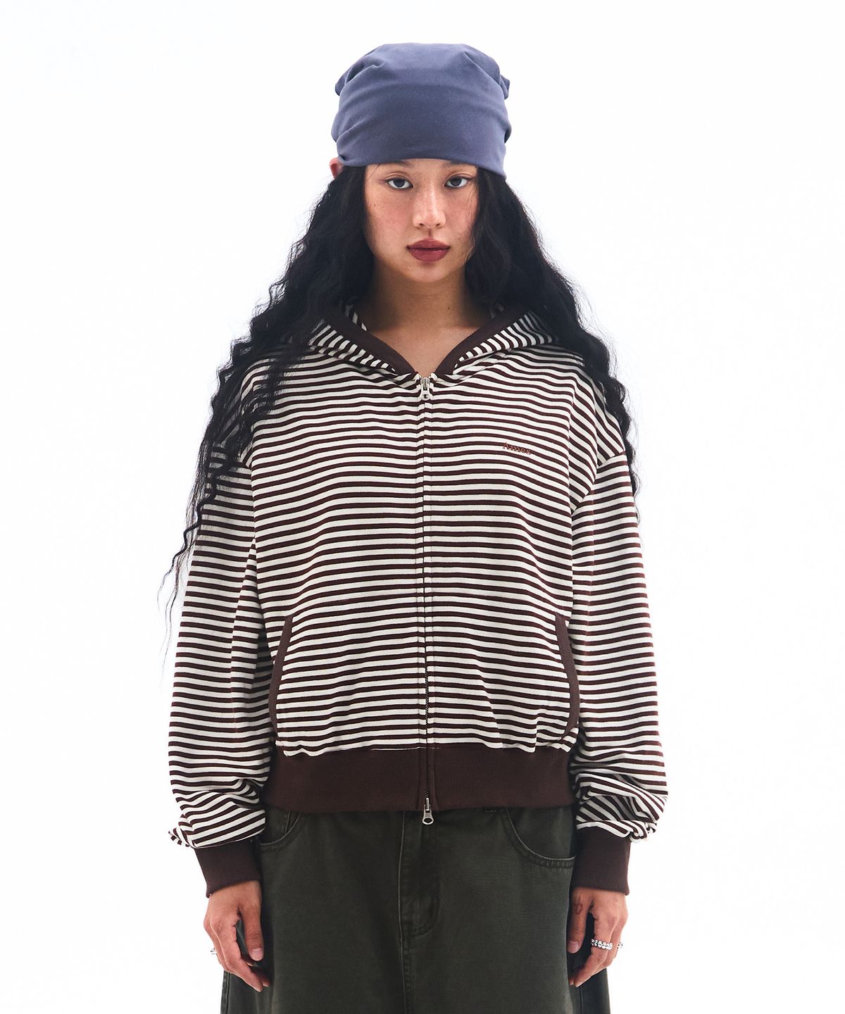 아메스 월드와이드(AMES-WORLDWIDE) STRIPE HOODIE ZIP UP BROWN