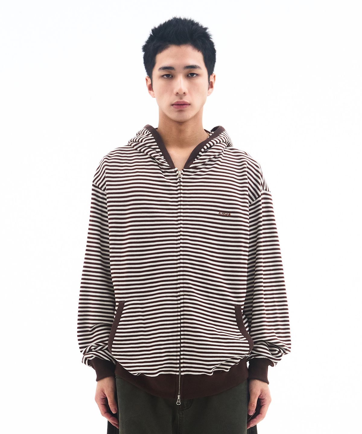 아메스 월드와이드(AMES-WORLDWIDE) STRIPE HOODIE ZIP UP BROWN