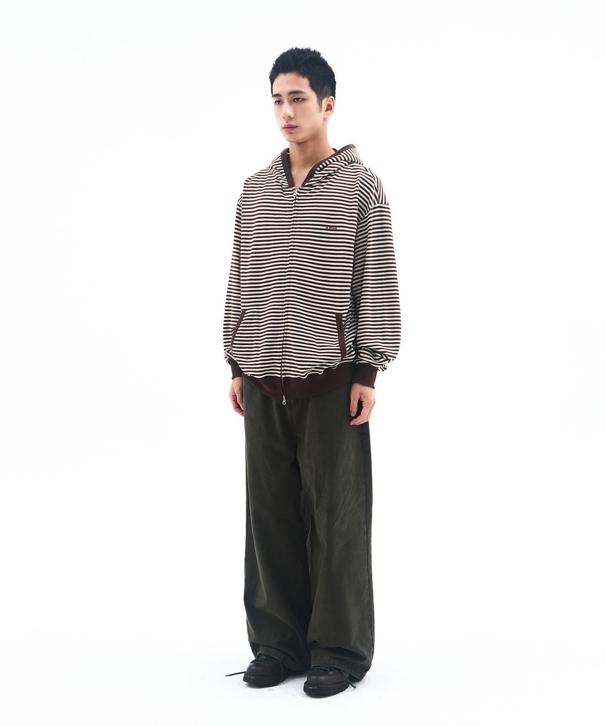 아메스 월드와이드(AMES-WORLDWIDE) STRIPE HOODIE ZIP UP BROWN