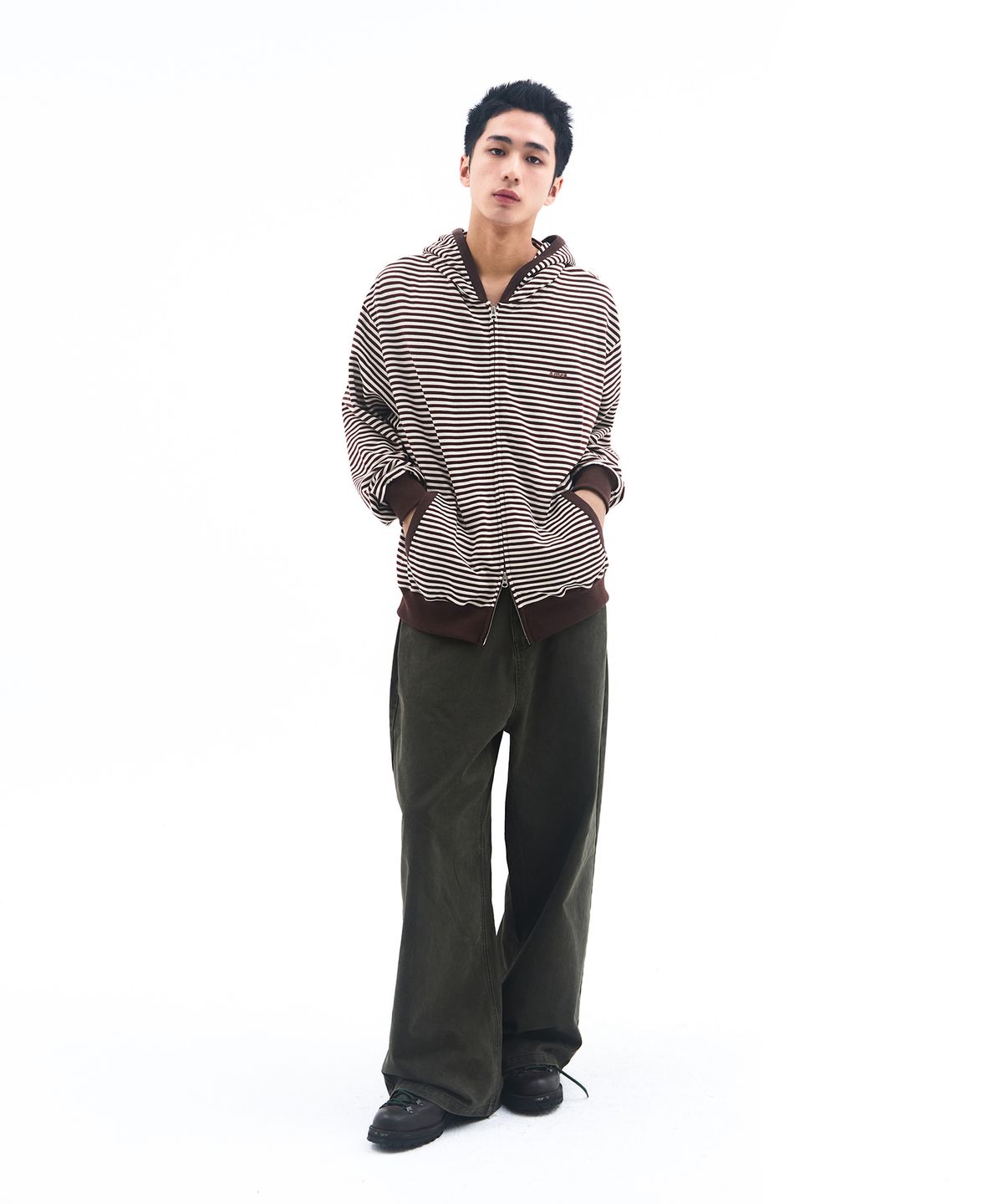 아메스 월드와이드(AMES-WORLDWIDE) STRIPE HOODIE ZIP UP BROWN