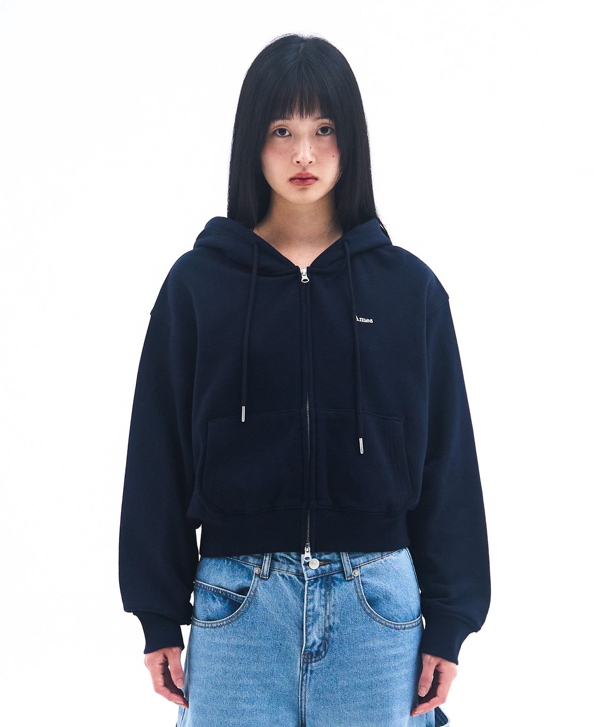 아메스 월드와이드(AMES-WORLDWIDE) BASIC SMALL LOGO HOODIE ZIP UP NAVY