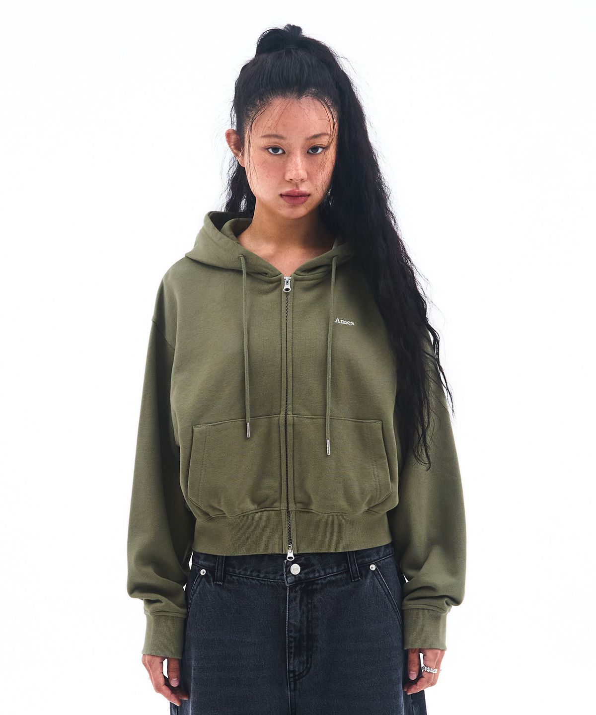아메스 월드와이드(AMES-WORLDWIDE) BASIC SMALL LOGO HOODIE ZIP UP KHAKI
