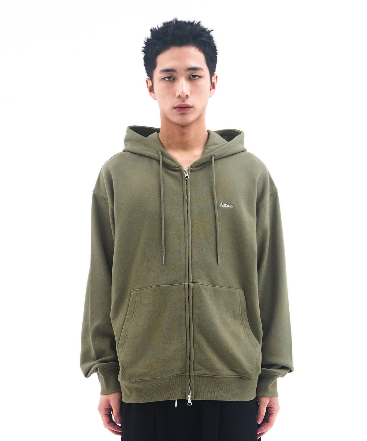 아메스 월드와이드(AMES-WORLDWIDE) BASIC SMALL LOGO HOODIE ZIP UP KHAKI