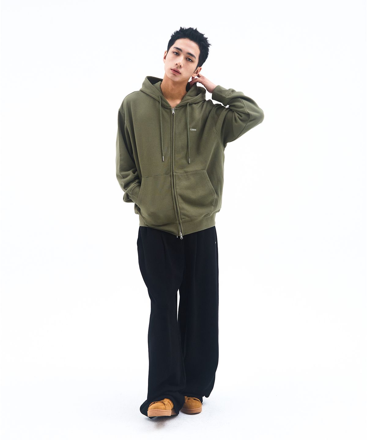 아메스 월드와이드(AMES-WORLDWIDE) BASIC SMALL LOGO HOODIE ZIP UP KHAKI