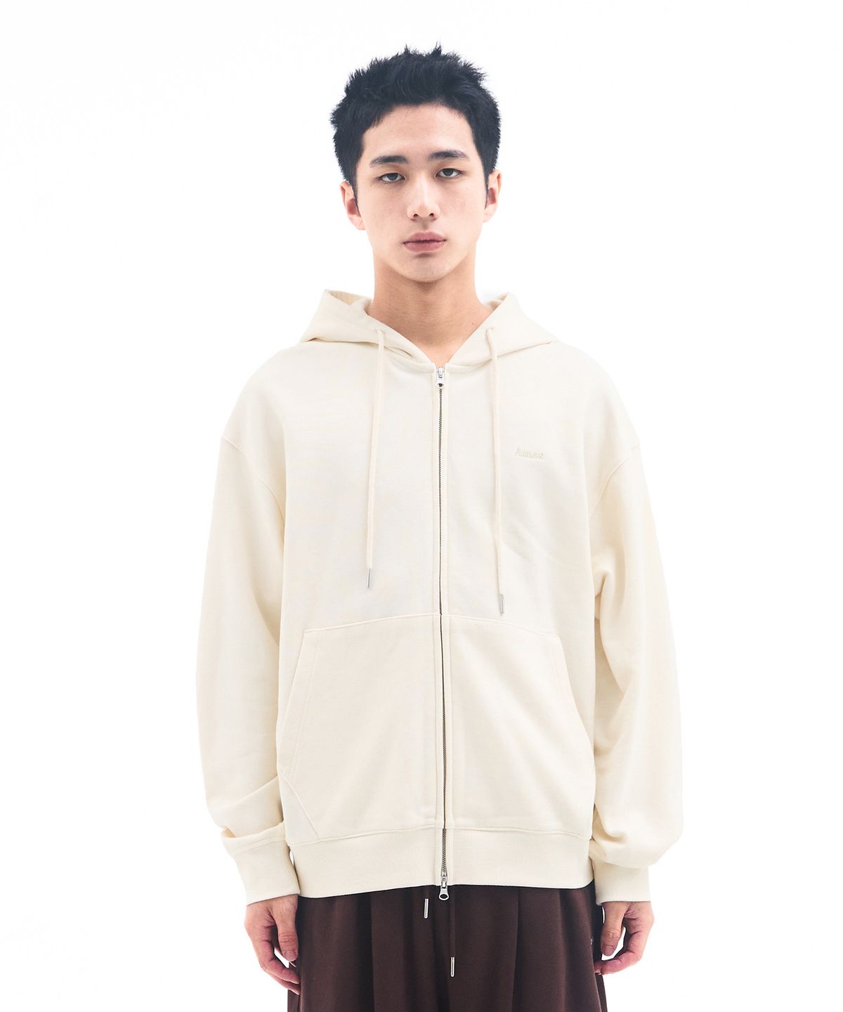 아메스 월드와이드(AMES-WORLDWIDE) BASIC SMALL LOGO HOODIE ZIP UP CREAM