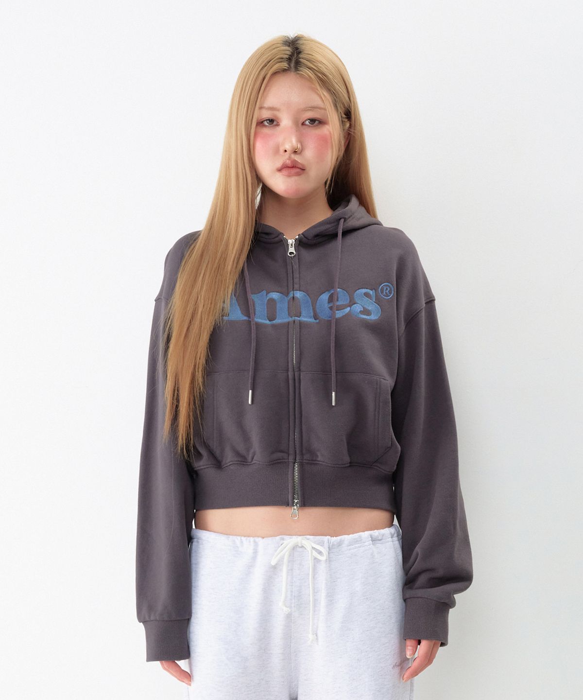 아메스 월드와이드(AMES-WORLDWIDE) BASIC LOGO HOODIE ZIP UP DEEP CHARCOAL