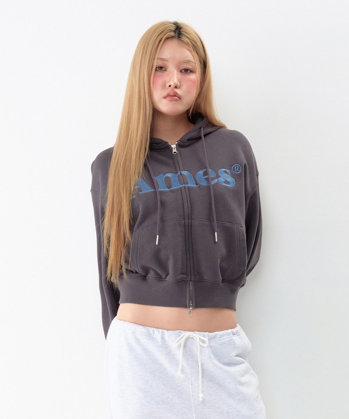 아메스 월드와이드(AMES-WORLDWIDE) BASIC LOGO HOODIE ZIP UP DEEP CHARCOAL