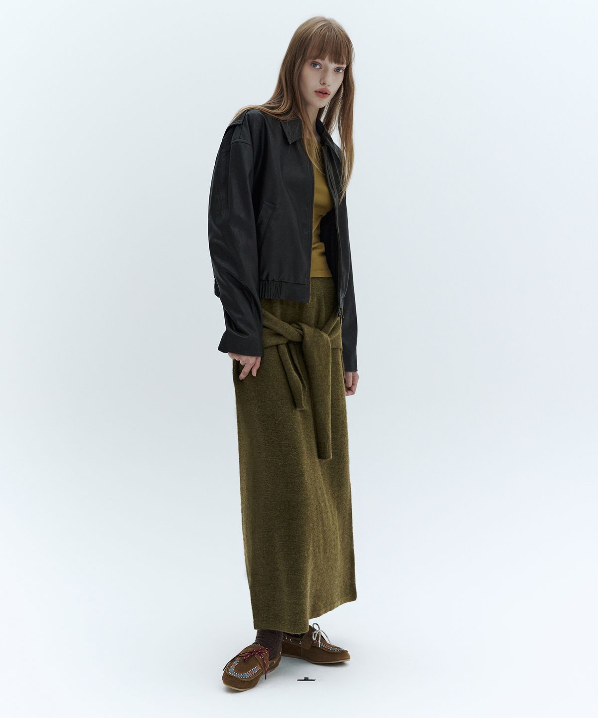 시티브리즈(CITYBREEZE) 울 블렌드 니트 롱 스커트_OLIVE