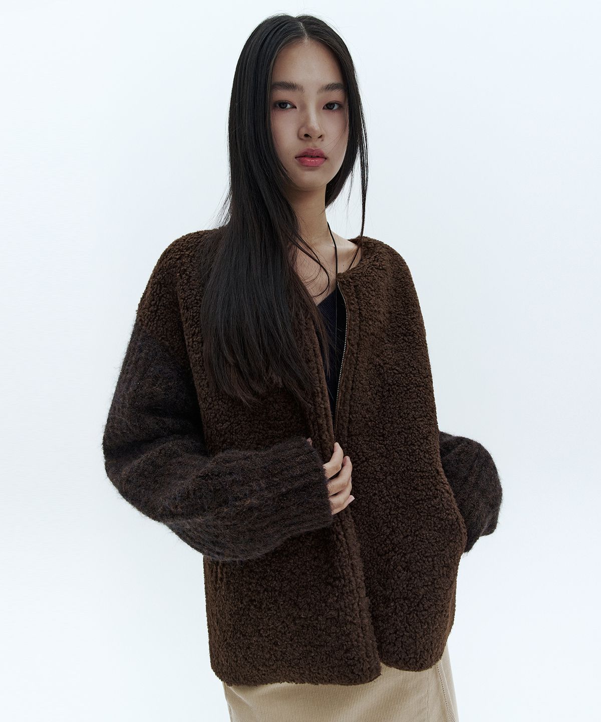 시티브리즈(CITYBREEZE) 알파카 믹스 집업 니트_BROWN