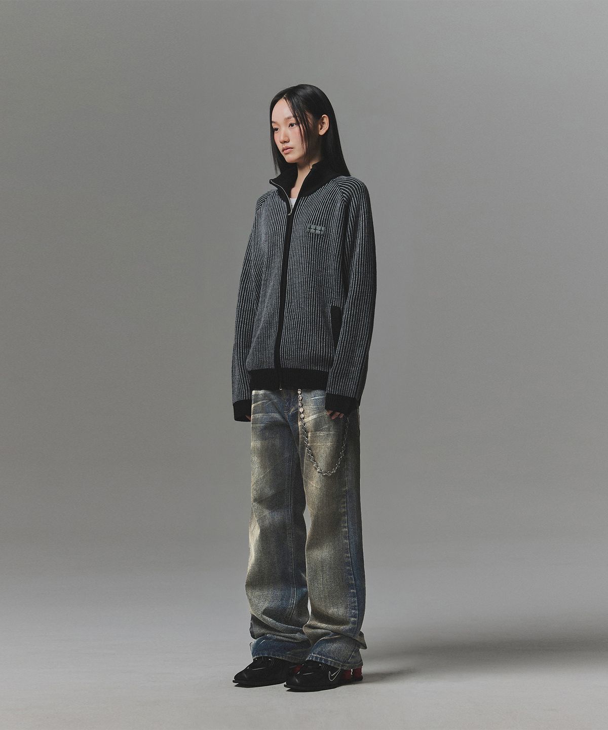 낫포너드(NOT4NERD) 444 Logo Two Tone Rib Knit Zip Up - Charcoal