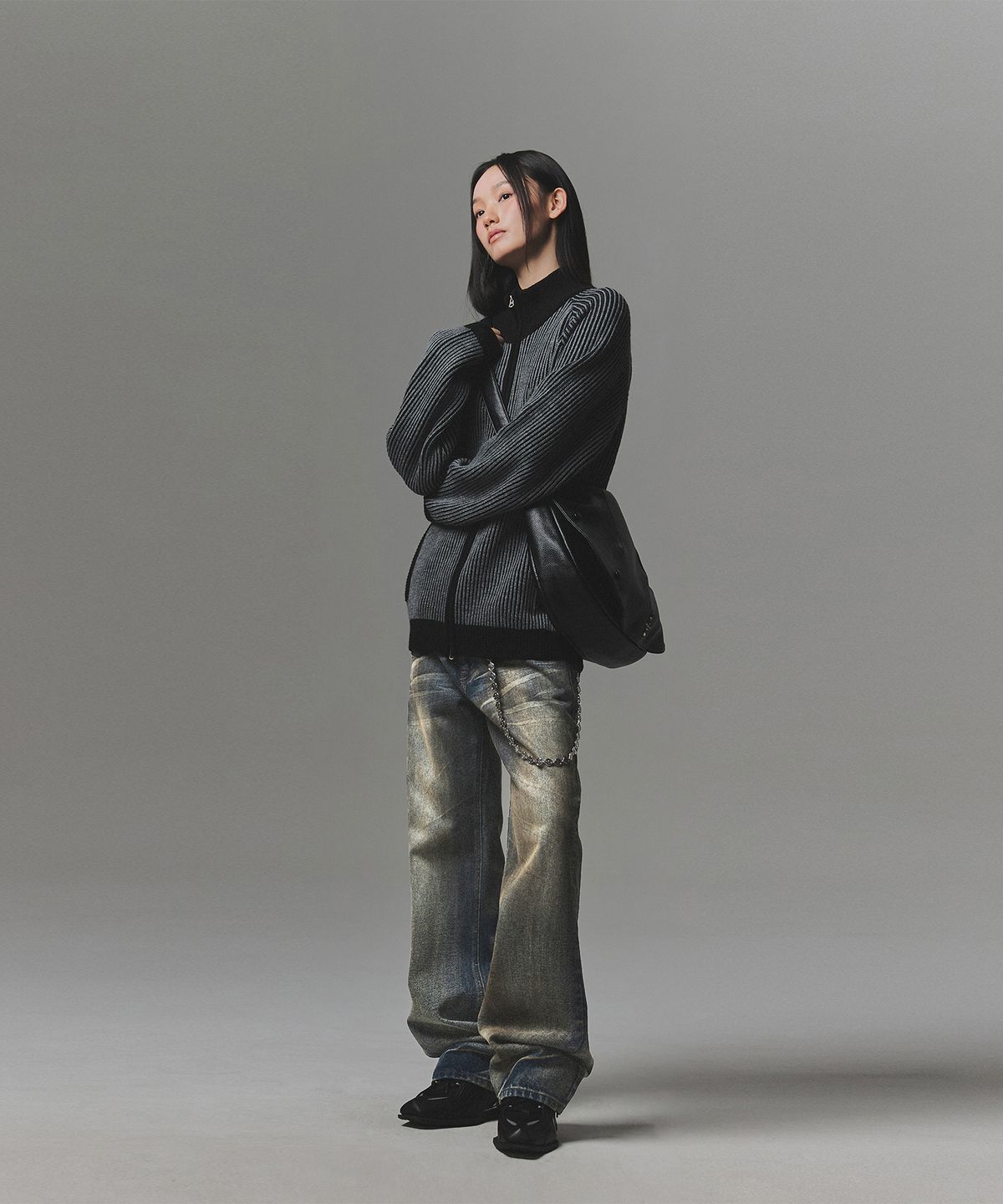 낫포너드(NOT4NERD) 444 Logo Two Tone Rib Knit Zip Up - Charcoal