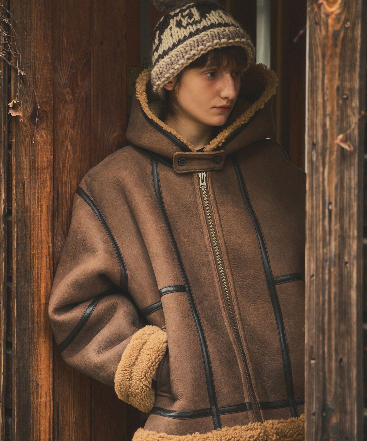 아우어노스텔지아(OURNOSTALGIA) real sheep doubleface mustang jumper_Brown
