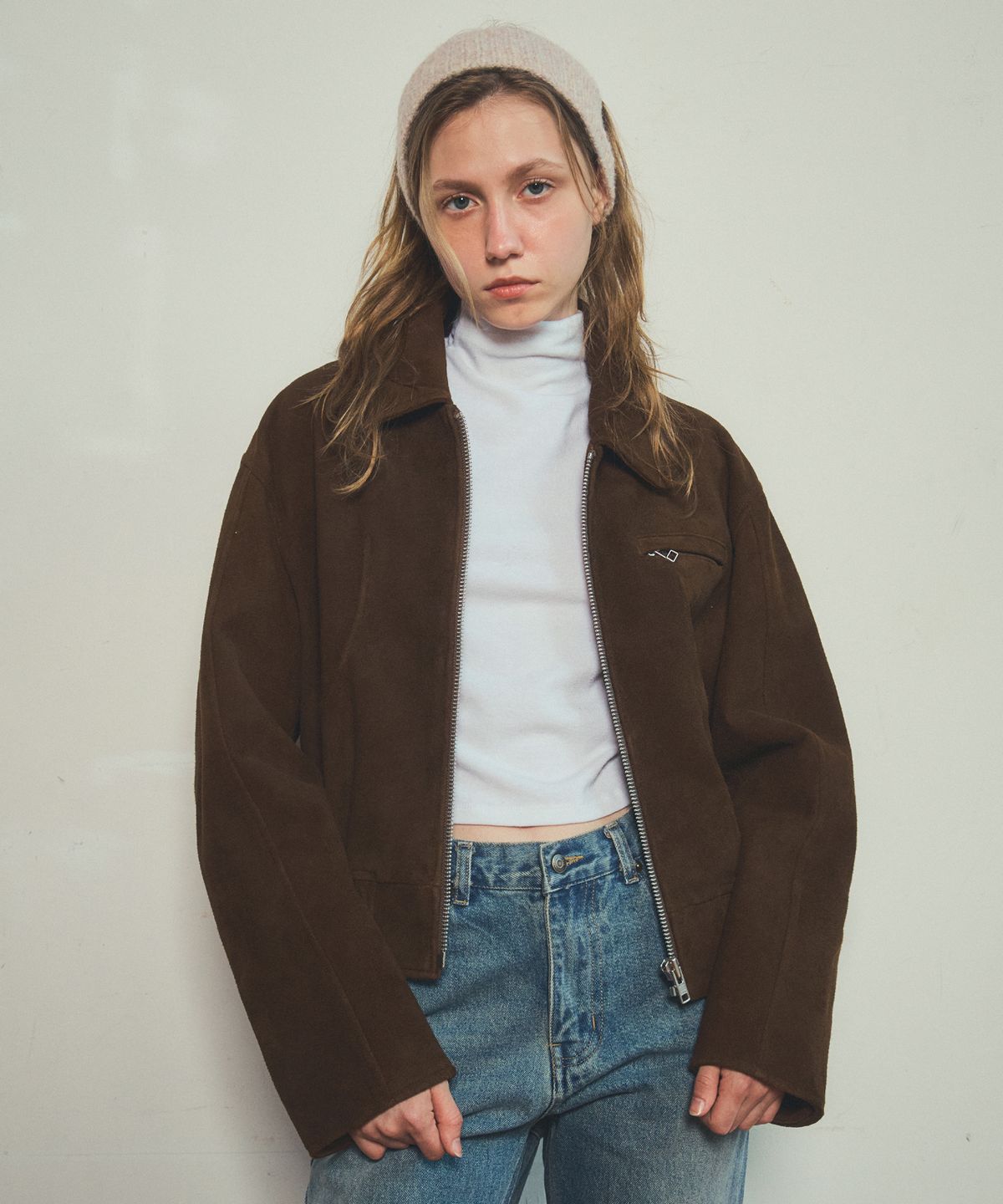 아우어노스텔지아(OURNOSTALGIA) real goat leather suede blouson jacket_Camel