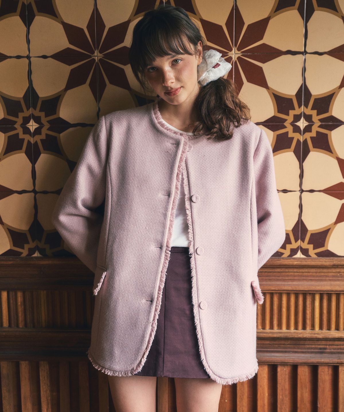 아우어노스텔지아(OURNOSTALGIA) Aubree tweed jacket_Vintage pink(O25-OT02)