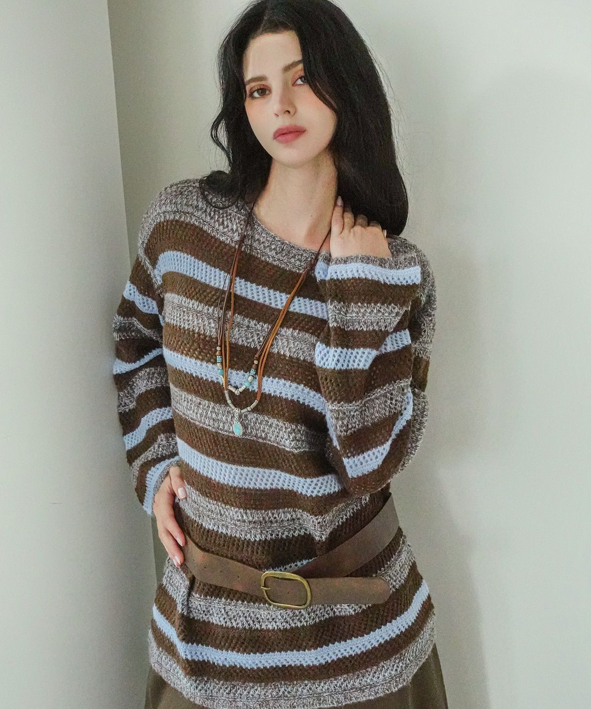 쿨키튼(KOOLKITTEN) Striped Knit & Belt Set Pullover