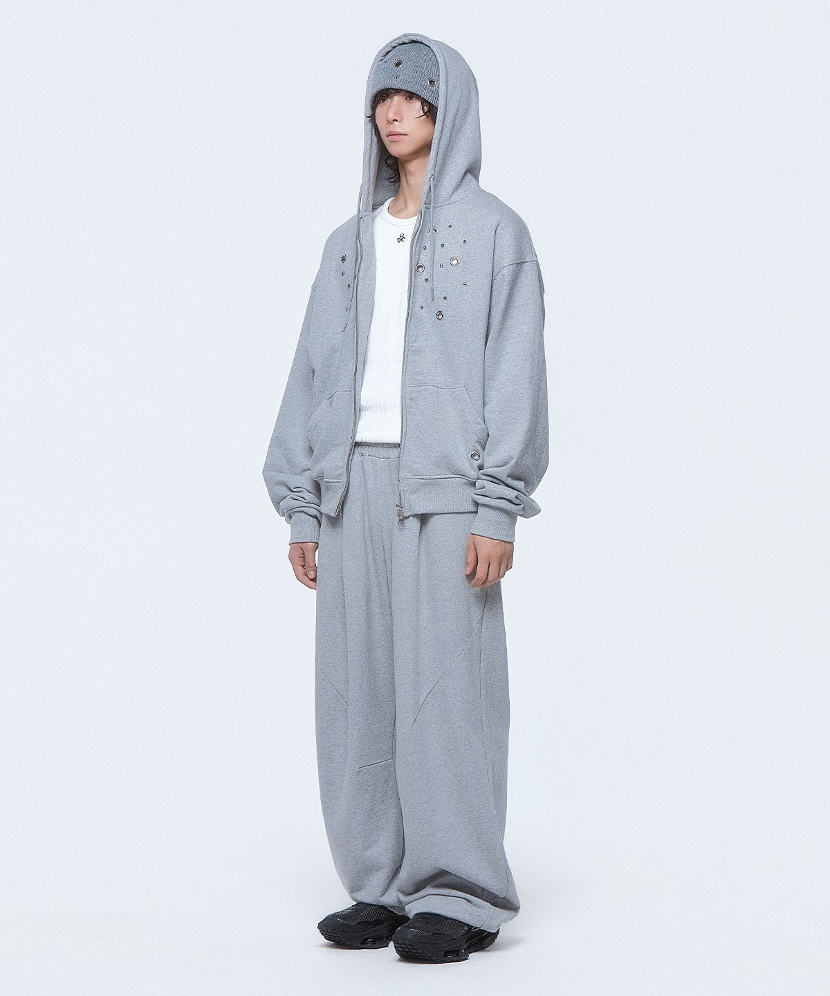 디오스피스(DAUSPICE) (DUC) Eyelet Stud Hoodie Zip-up Gray