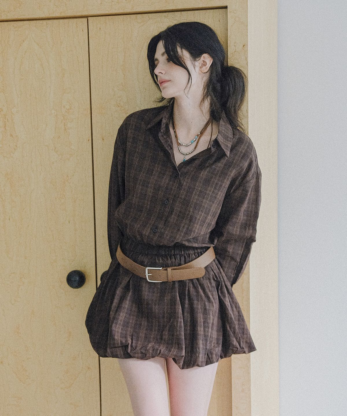 쿨키튼(KOOLKITTEN) Plaid Balloon Hem Shirt Dress
