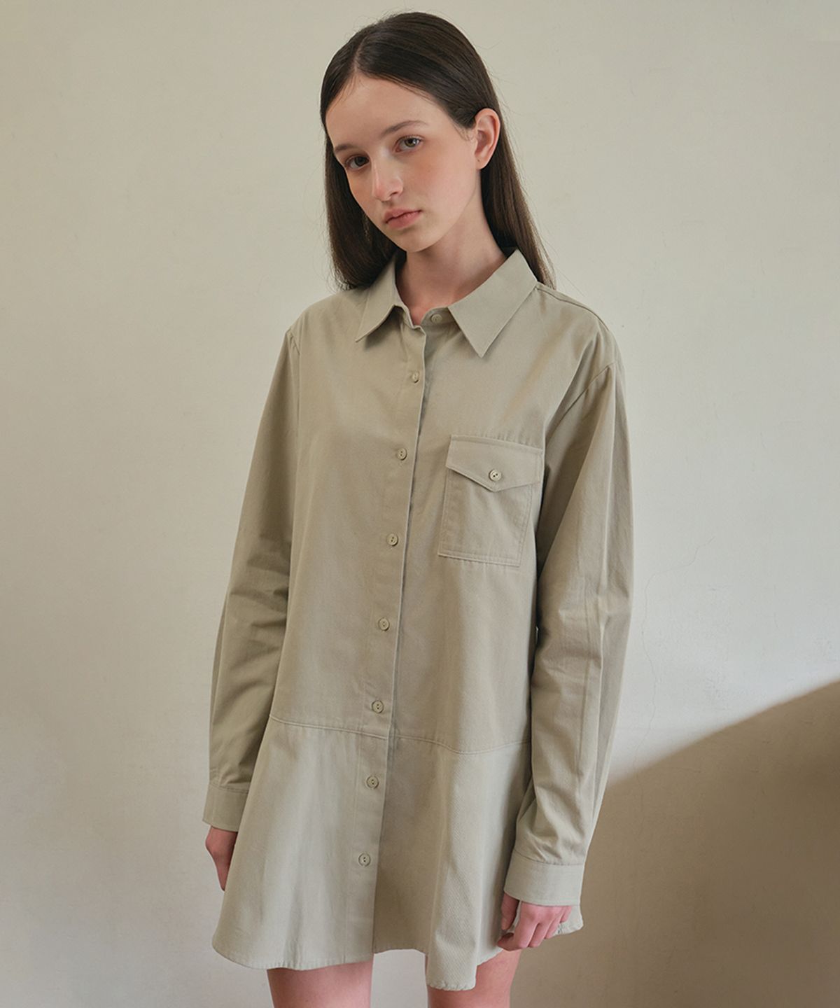 아우어노스텔지아(OURNOSTALGIA) Sepia shirts mini dress_Beige(O25-OPS04)