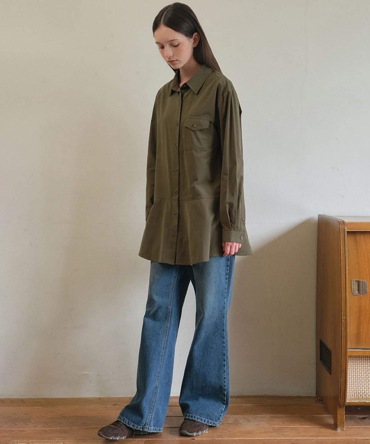 아우어노스텔지아(OURNOSTALGIA) Sepia shirts mini dress_Khaki(O25-OPS04)