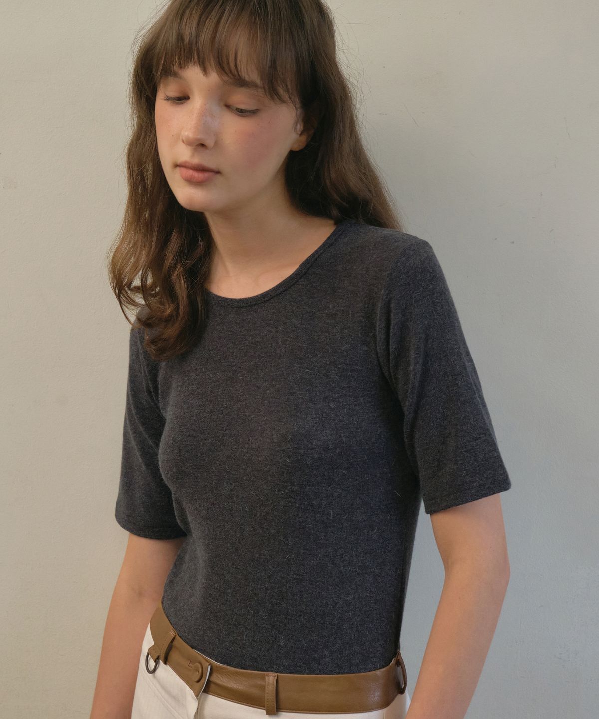아우어노스텔지아(OURNOSTALGIA) Angora half sleeve t-shirt_Charcoal(O25-TP16)