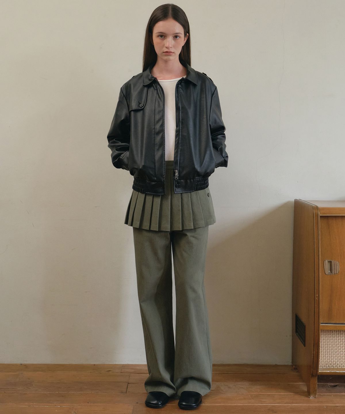 아우어노스텔지아(OURNOSTALGIA) Twill layered wide pants_Khaki(O25-PT11)
