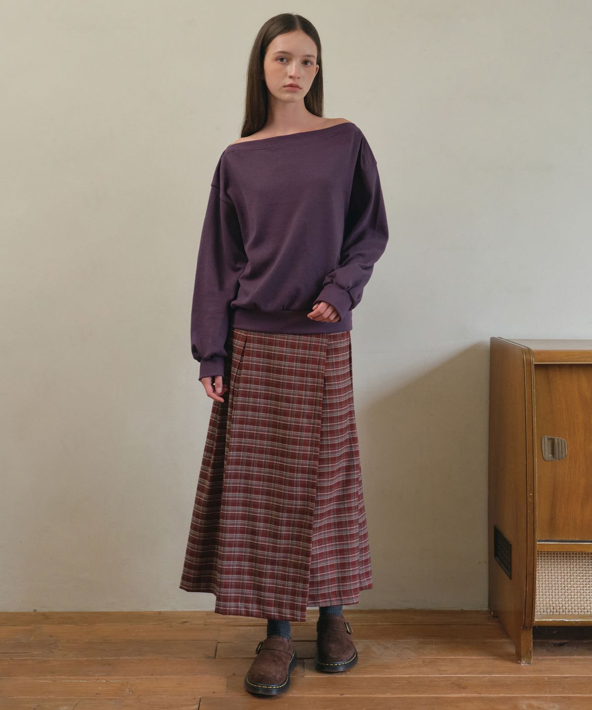 아우어노스텔지아(OURNOSTALGIA) Vintage side-buckle check skirt_Red(O25-SK12)