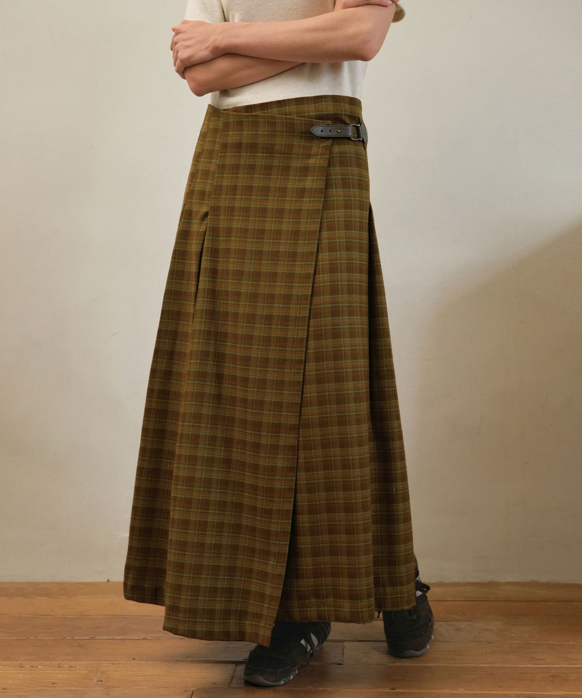 아우어노스텔지아(OURNOSTALGIA) Vintage side-buckle check skirt_Green(O25-SK12)