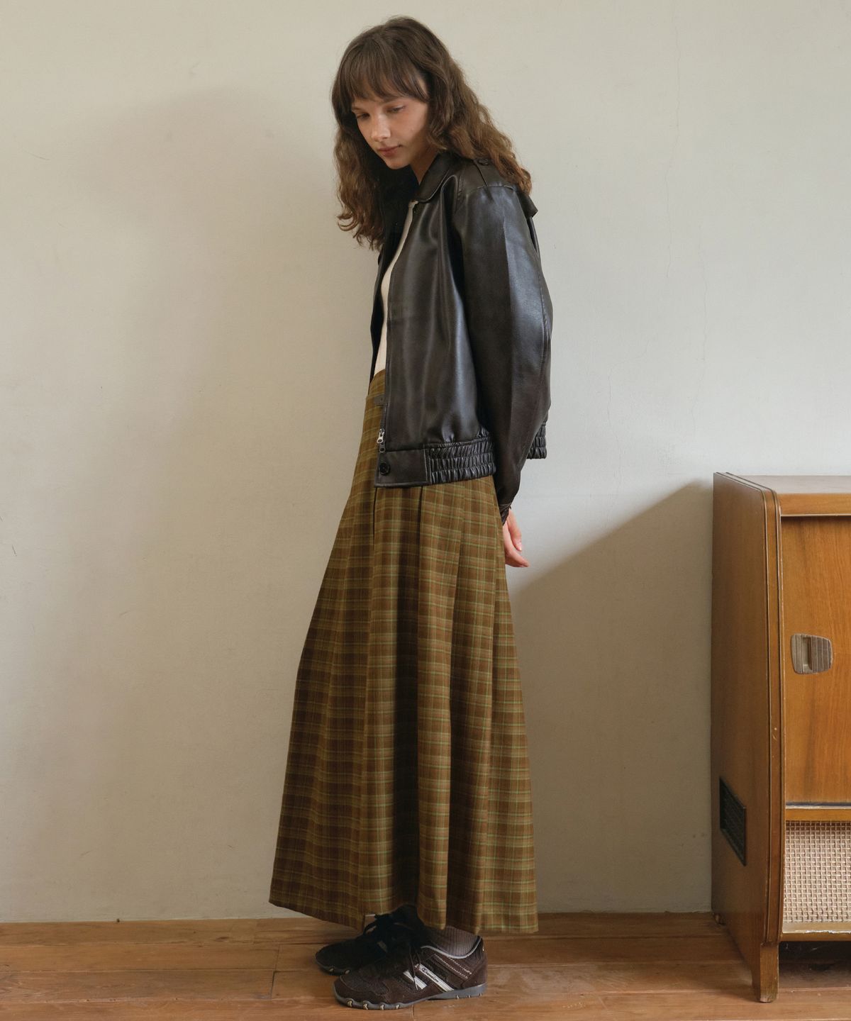 아우어노스텔지아(OURNOSTALGIA) Vintage side-buckle check skirt_Green(O25-SK12)