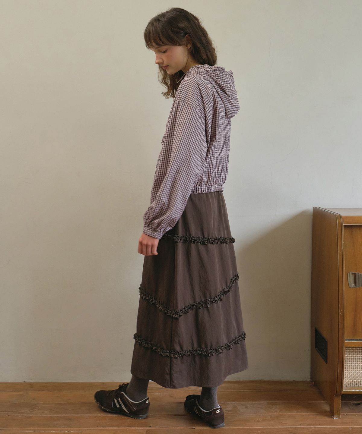 아우어노스텔지아(OURNOSTALGIA) Whipcream ruffle skirt_Brown(O25-SK13)