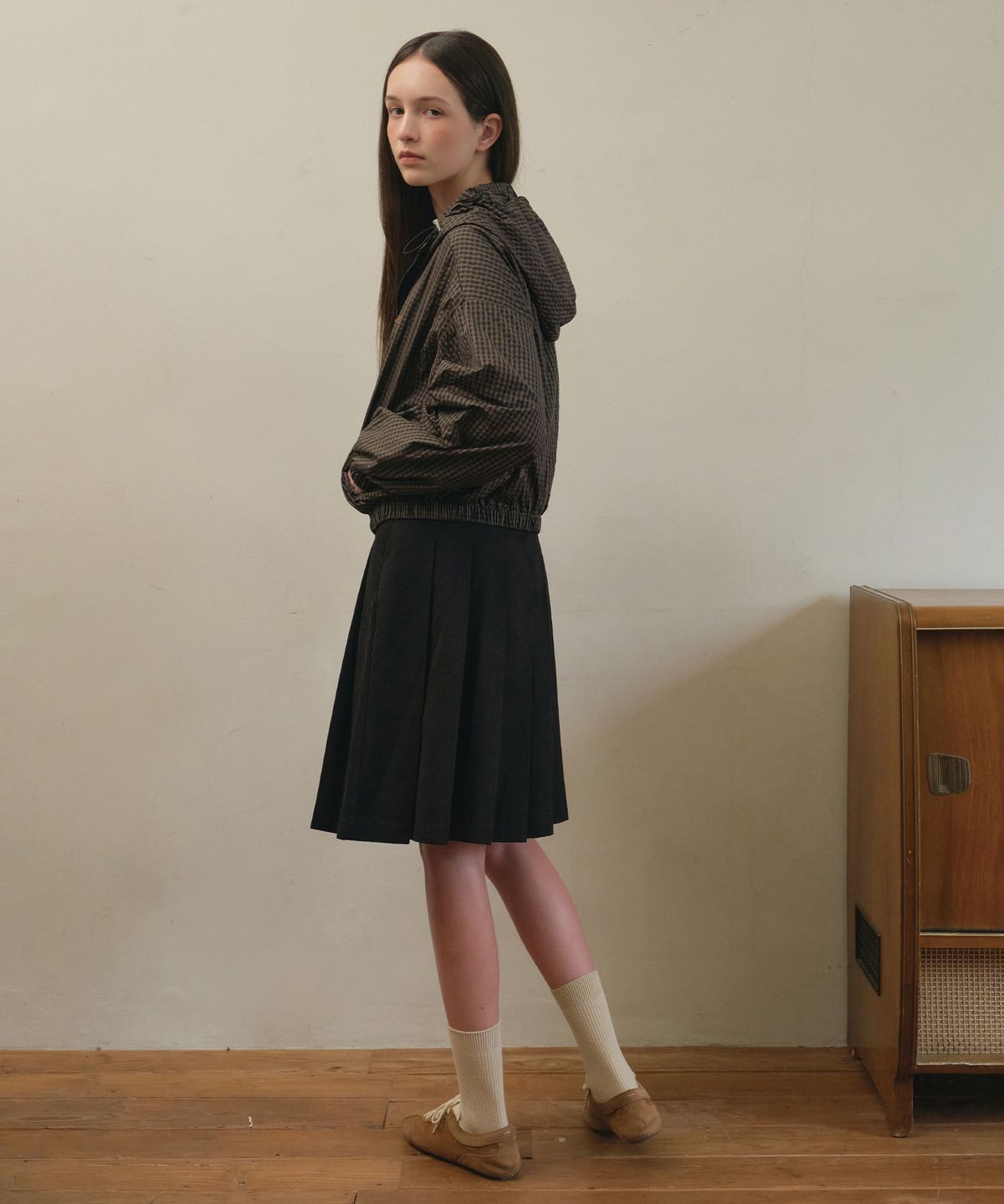 아우어노스텔지아(OURNOSTALGIA) Mila cotton pleats midi skirt_Black(O25-SK14)