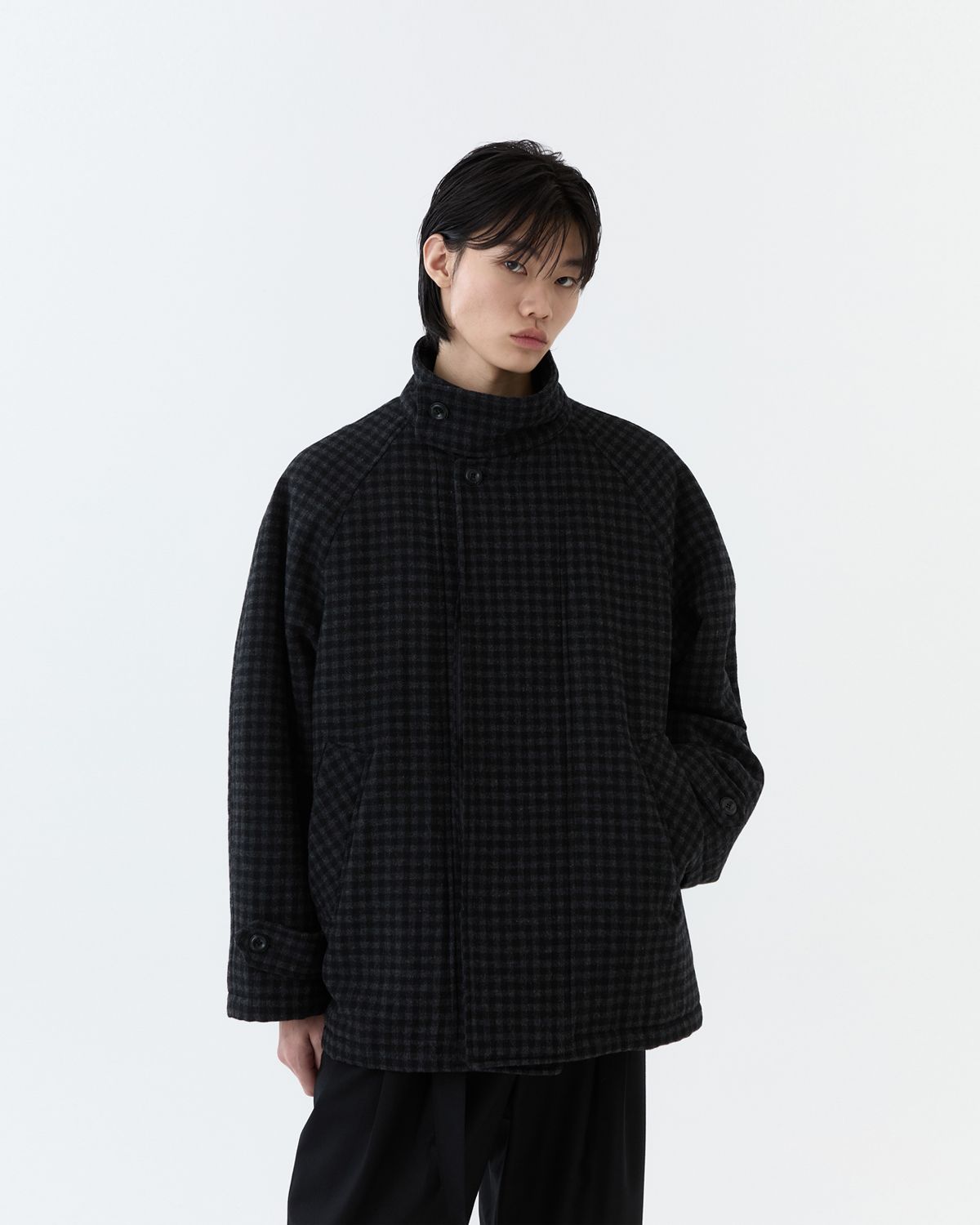 디앤드퀘스천(THEENDQUESTION) Checked Balmacaan coat / DARK GRAY