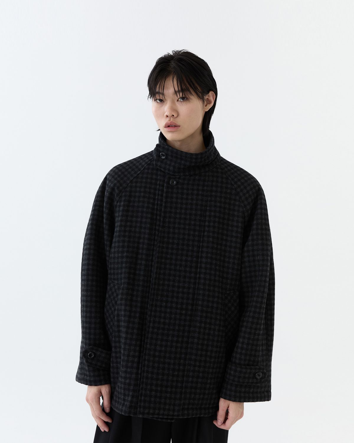 디앤드퀘스천(THEENDQUESTION) Checked Balmacaan coat / DARK GRAY