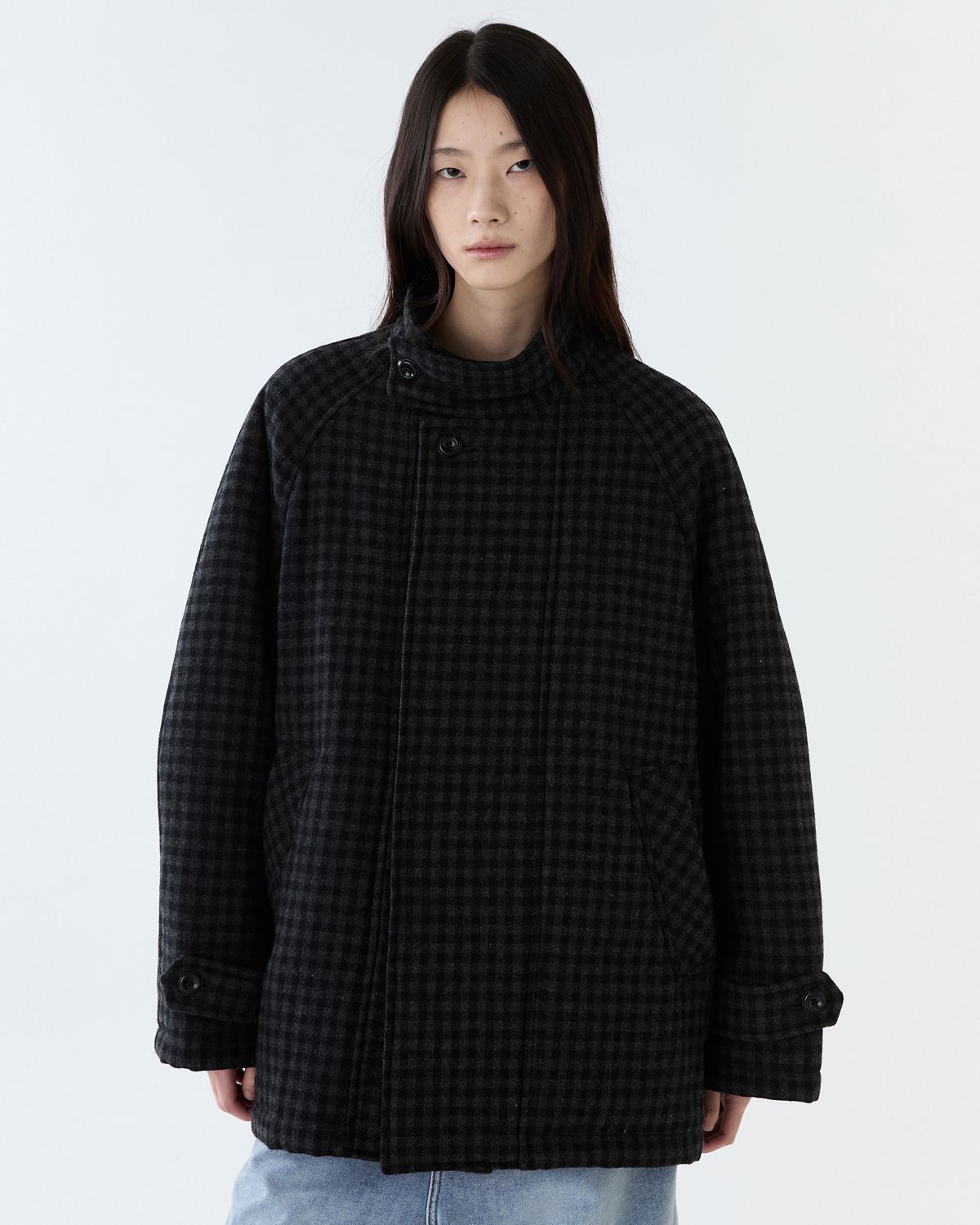 디앤드퀘스천(THEENDQUESTION) Checked Balmacaan coat / DARK GRAY