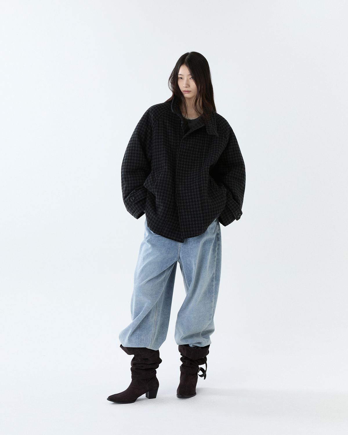 디앤드퀘스천(THEENDQUESTION) Checked Balmacaan coat / DARK GRAY