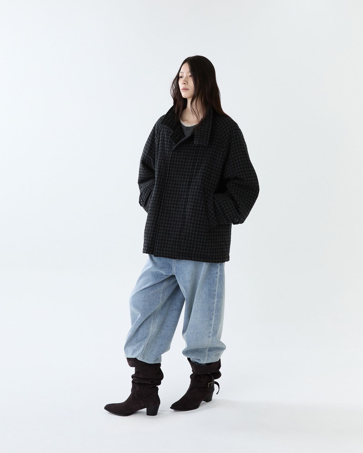 디앤드퀘스천(THEENDQUESTION) Checked Balmacaan coat / DARK GRAY