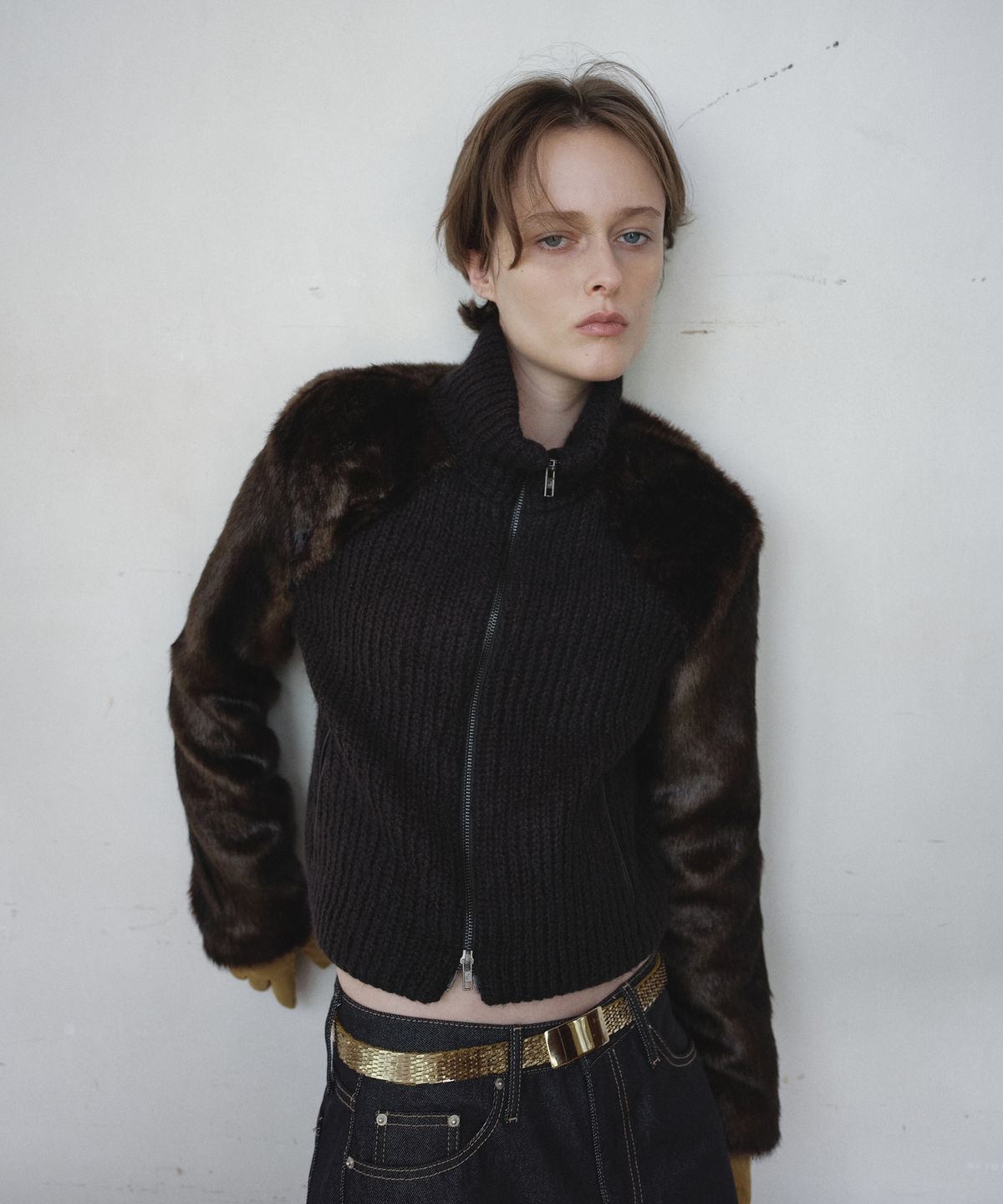 오버듀플레어(OVERDUEFLAIR) FUR COMBI WOOL KNIT JACKET_BLACK/BROWN