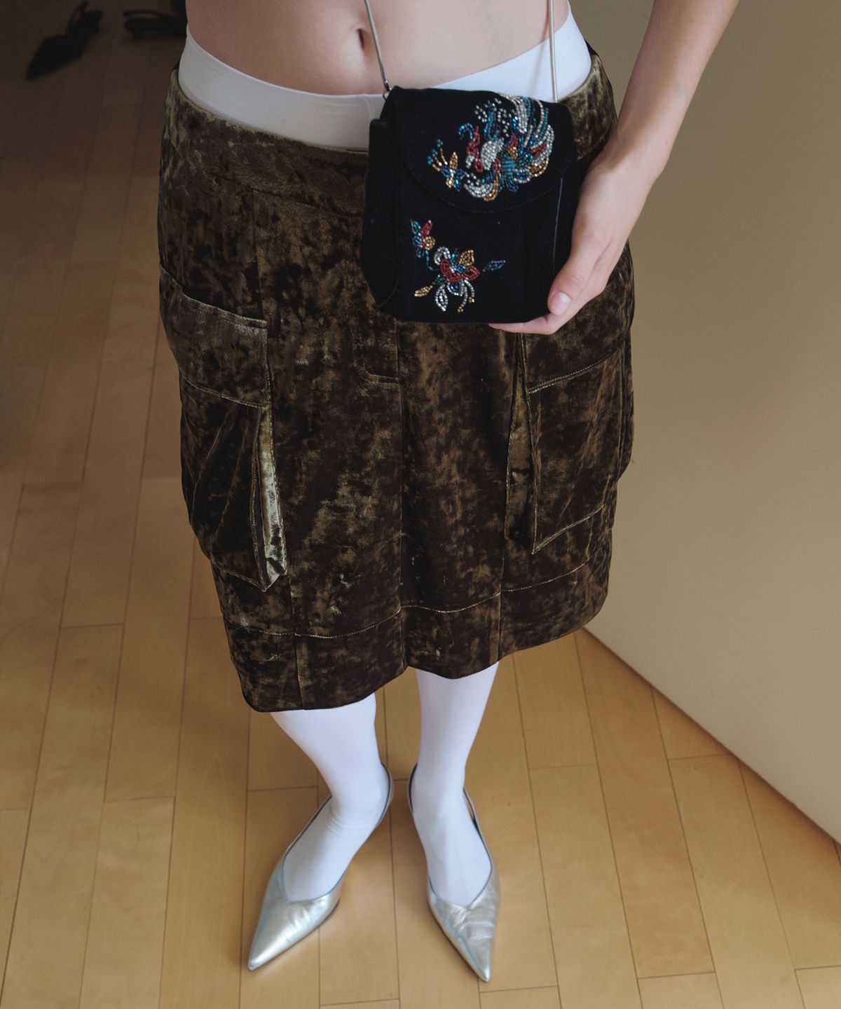 오버듀플레어(OVERDUEFLAIR) VELVET CARGO MIDI SKIRT_OLIVE KHAKI