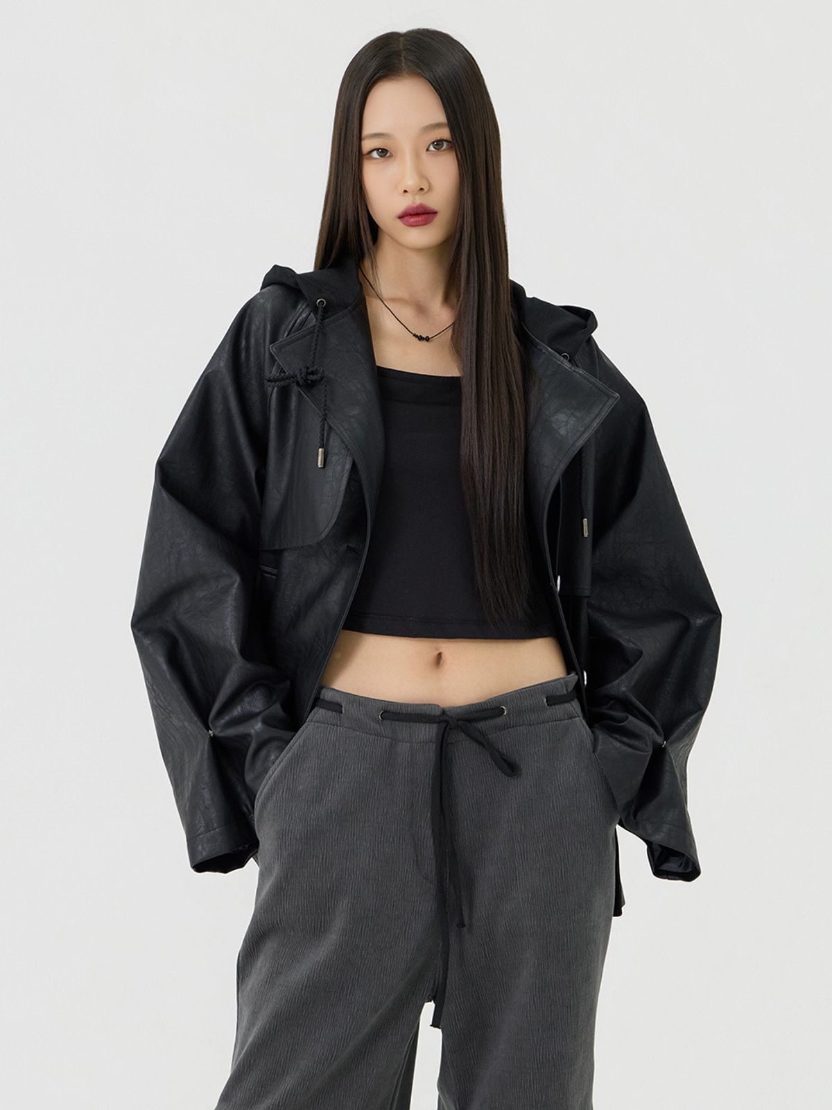 베이디피(VADEFY) 오버핏 트렌치 후드 레더 자켓, 블랙