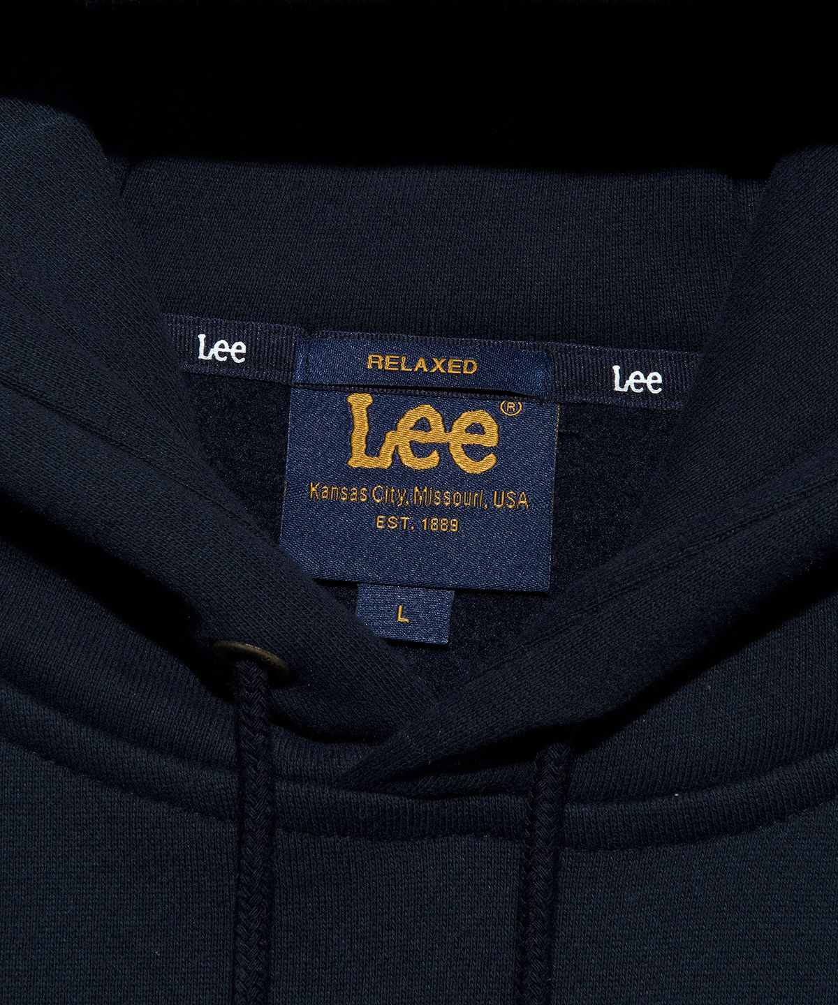 리(LEE) 베어 그래픽 부클 아플리케 기모 후드 티셔츠 네이비