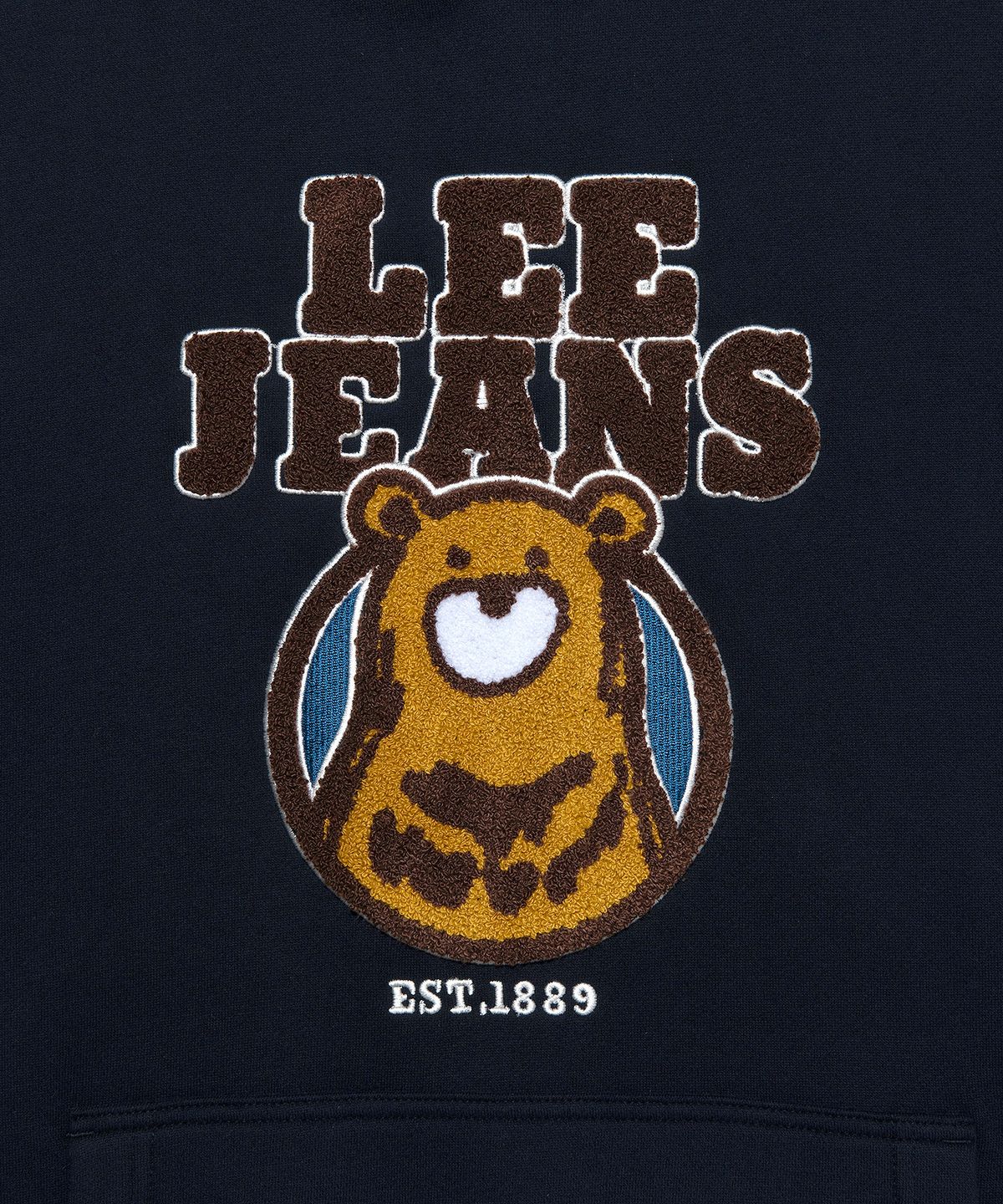 리(LEE) 베어 그래픽 부클 아플리케 기모 후드 티셔츠 네이비