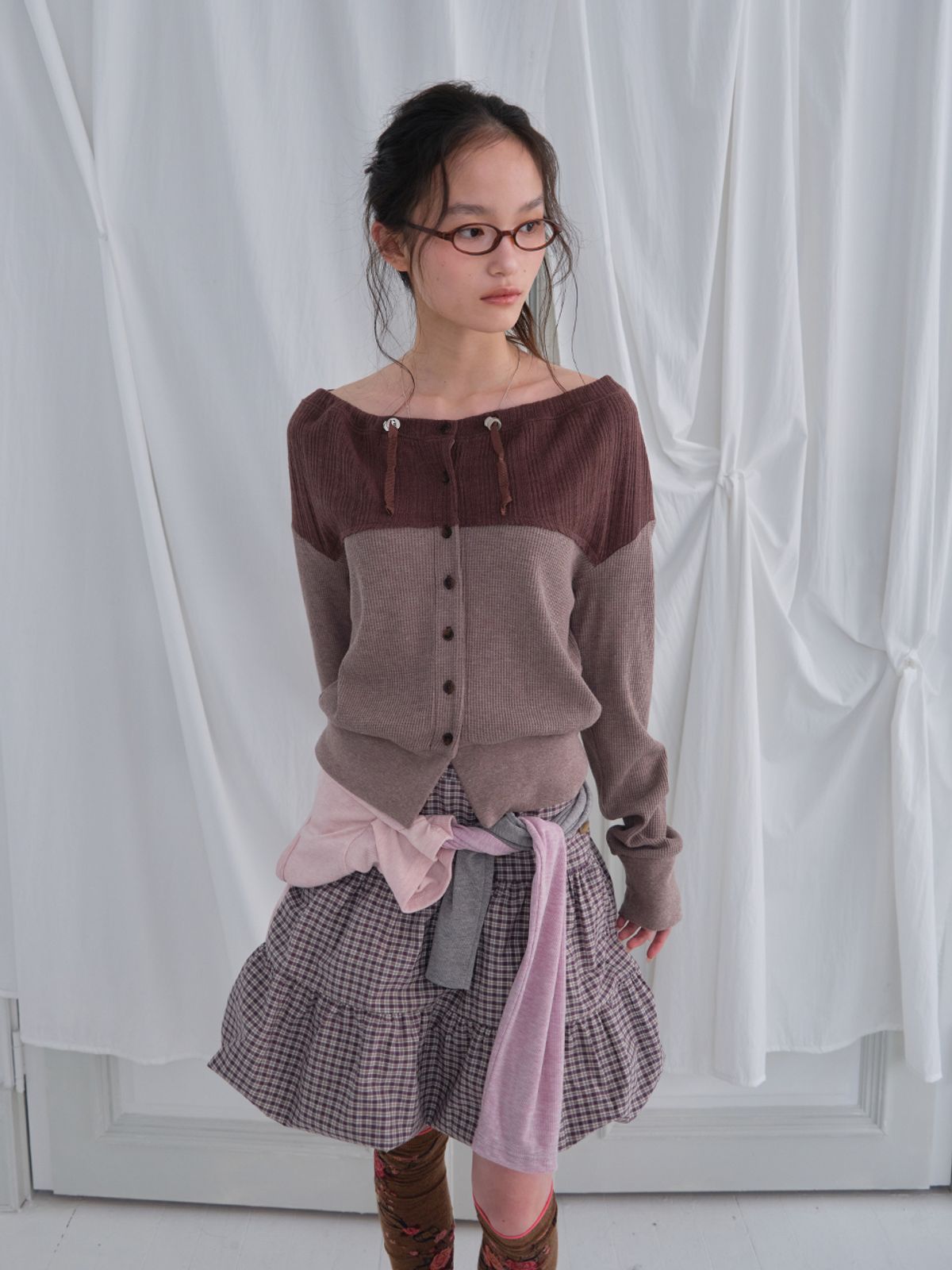 무음(MUWM) 투웨이 버튼 셔링 스커트 2way Button Shirring Skirt (Purple Check)
