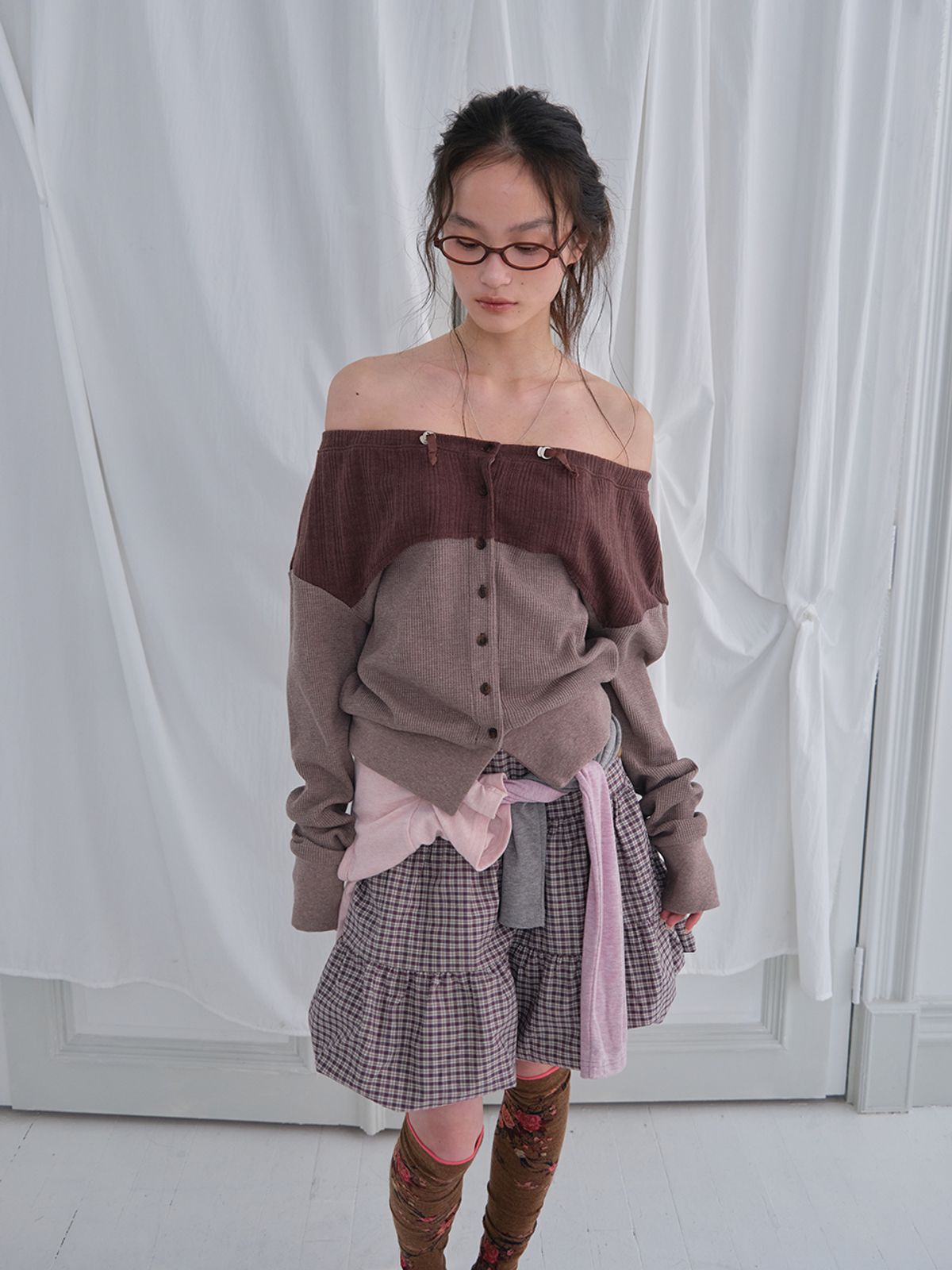 무음(MUWM) 투웨이 버튼 셔링 스커트 2way Button Shirring Skirt (Purple Check)