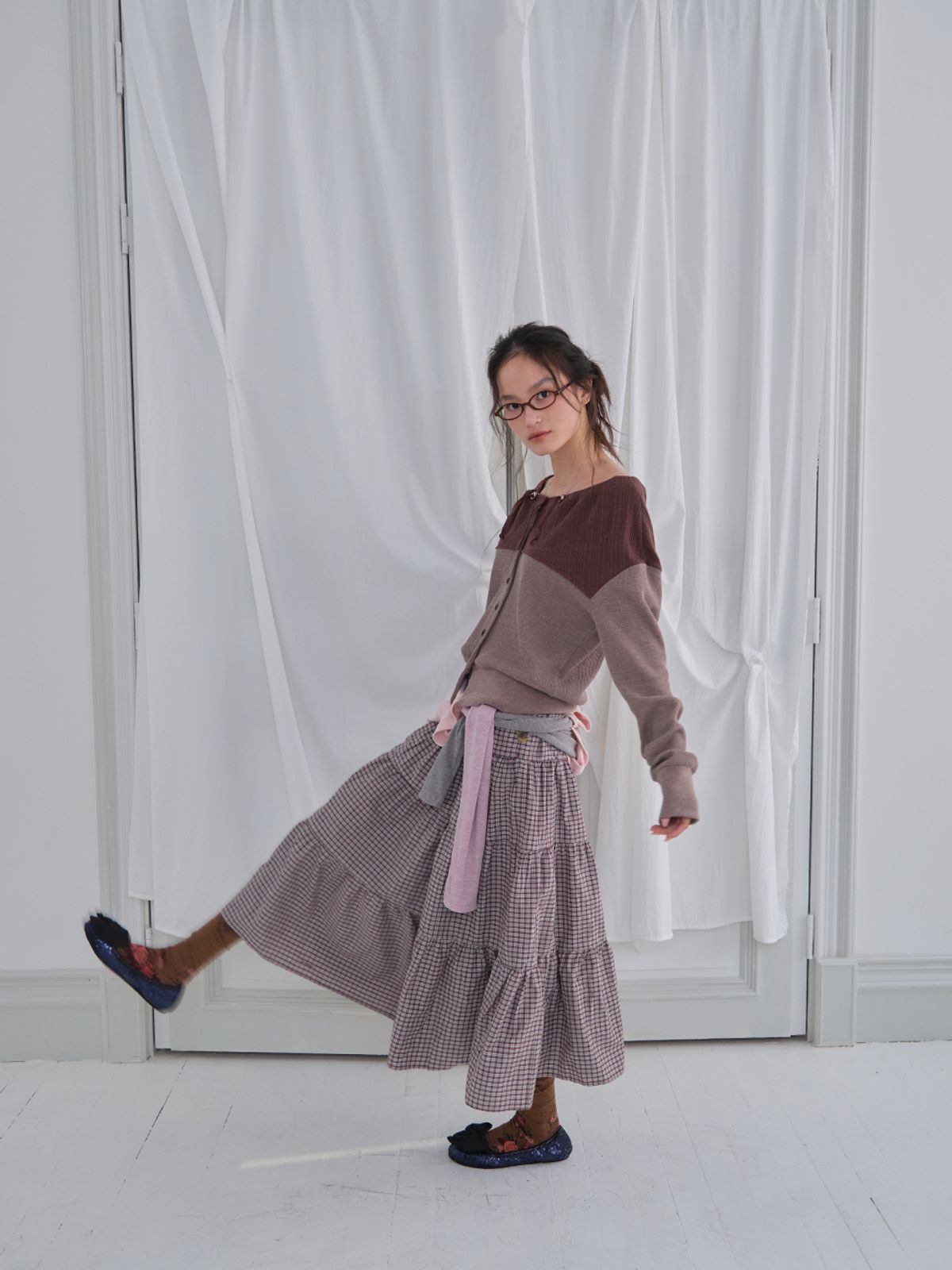 무음(MUWM) 투웨이 버튼 셔링 스커트 2way Button Shirring Skirt (Purple Check)