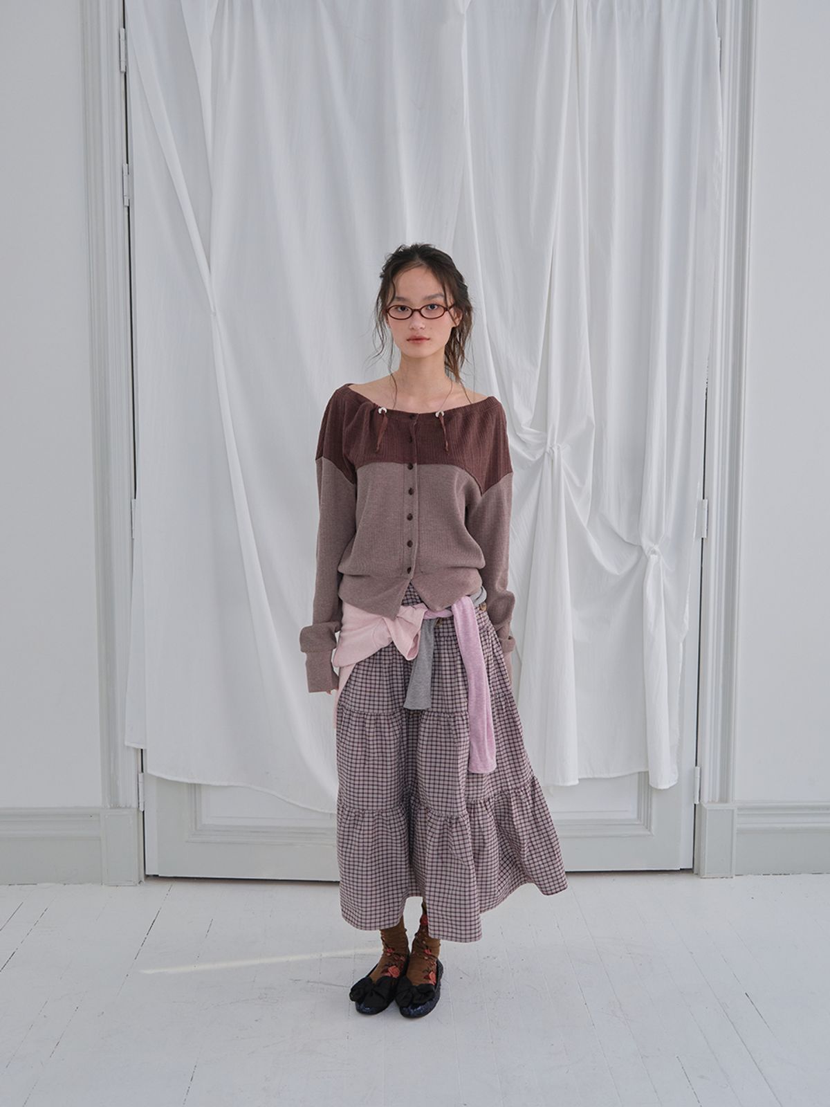 무음(MUWM) 투웨이 버튼 셔링 스커트 2way Button Shirring Skirt (Purple Check)