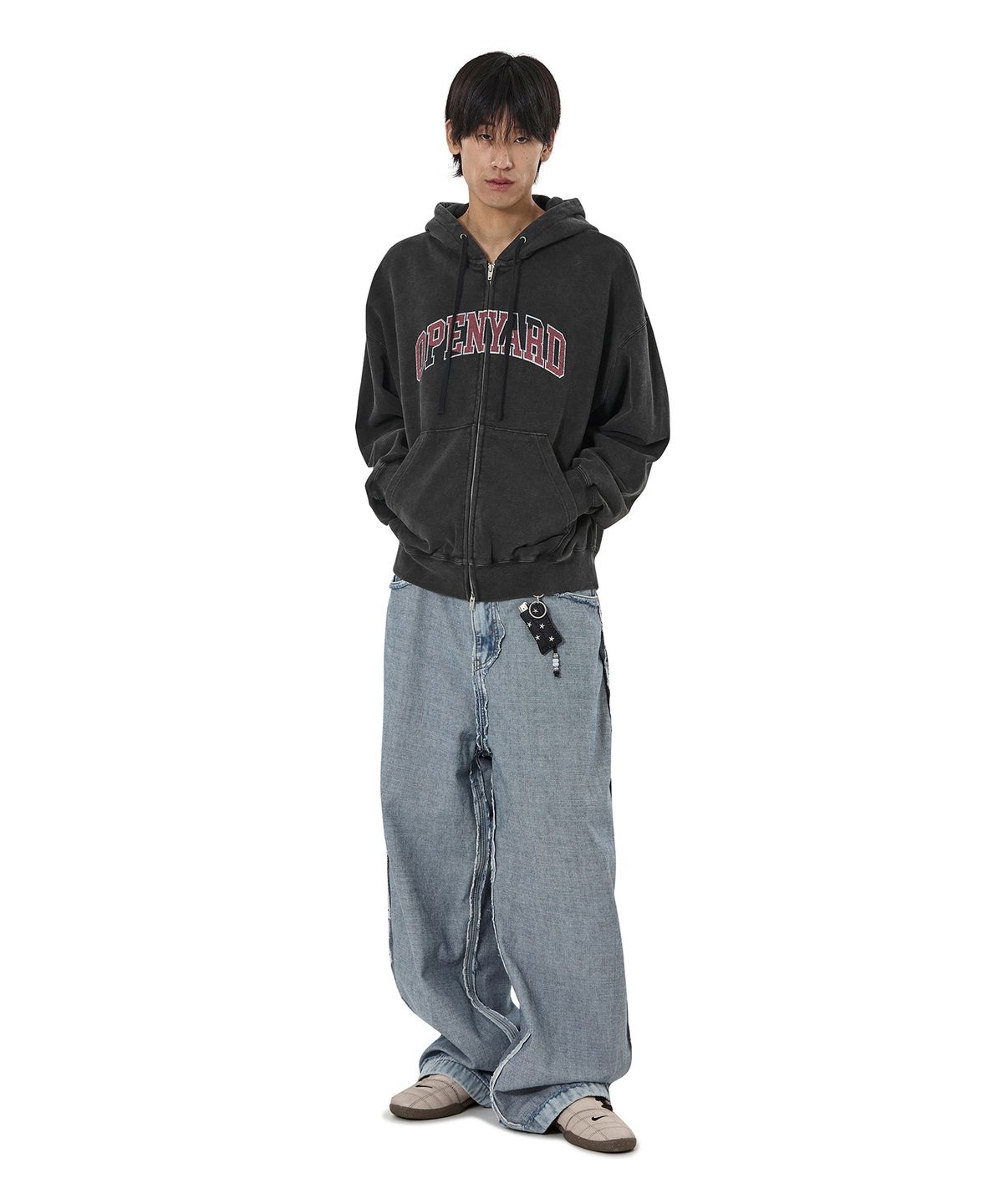 오픈야드(오와이)(OPENYARD(OY)) WASHED CRACK HOODIE ZIP UP - BLACK