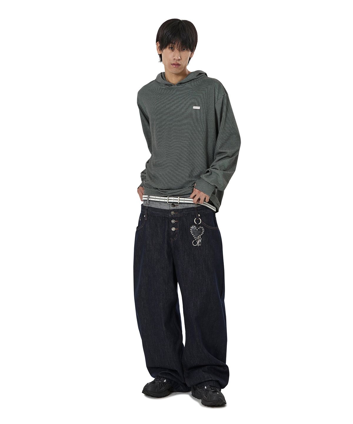 오픈야드(오와이)(OPENYARD(OY)) STRIPED FLEECE HOODIE L/S TEE - BLACK